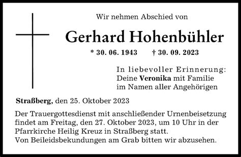 Traueranzeigen Von Gerhard Hohenb Hler Augsburger Allgemeine Zeitung