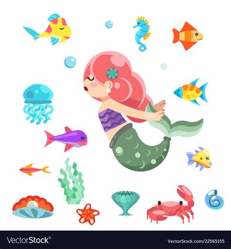 Little Cute Mermaid Swimming Under The Sea Fishes Vector Image