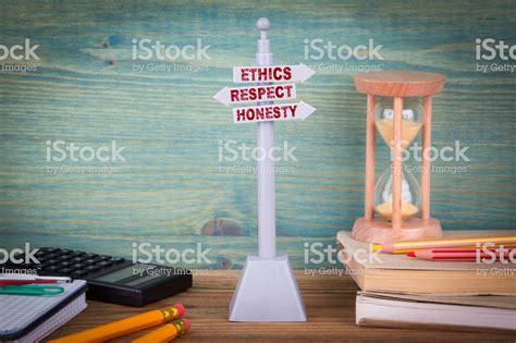 Ethics Respect Honesty Code Of Conduct Signpost On Wooden Table Stock Image Exhibition