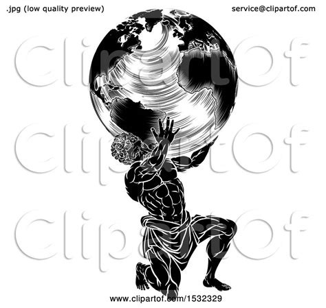 Clipart Of A Black And White Atlas Titan Man Carrying A Globe Royalty