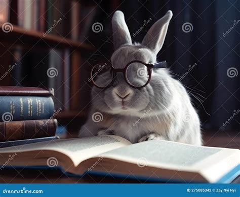 Cute Rabbit With Eyeglasses And Book About Bedtime Stories Stock