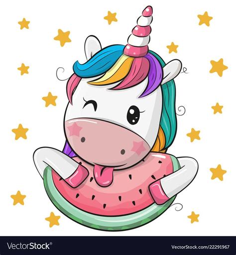 Cute Cartoon Unicorn With Watermelon On Stars Background Download A