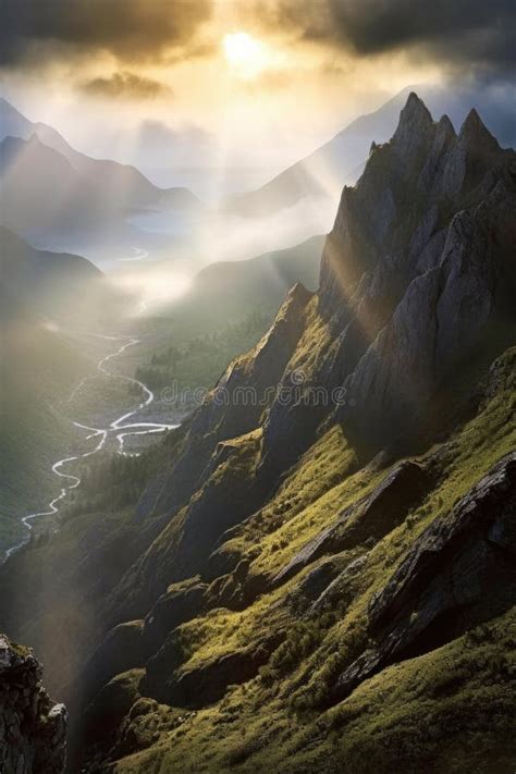 Misty Mountain Range With Sunrays Breaking Through Stock Photo Image