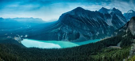 Lake Louise Alberta Canada Mountains Forest Wallpaper 4216x1897