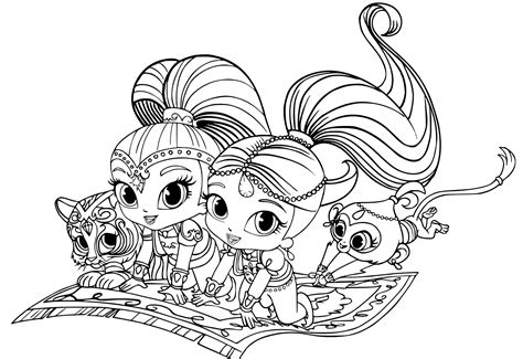 Use different colors to color your cute twin sisters and their friends. Shimmer and Shine Coloring Pages - 1NZA