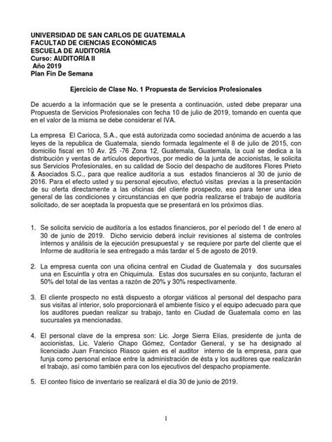 Ejercicio De Clase No 1 Auditor¡a Ii 2019 Propuesta De Servicios