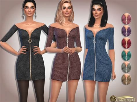 Off Shoulder Rib Knitted Zip Dress By Harmonia At Tsr Sims 4 Updates