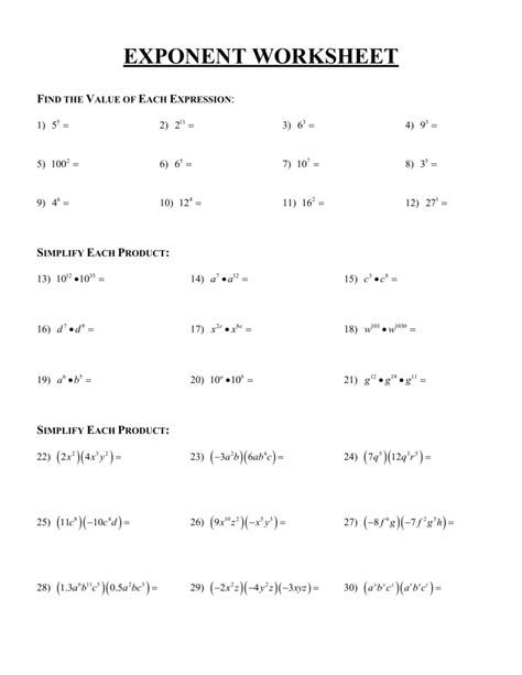 Exponent Worksheet