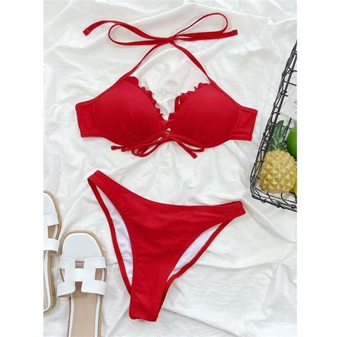 2023 Sexy Lady Bathing Suit Woman Bandage Bikinis Split Swimming Suit Red Two Piece Set Women