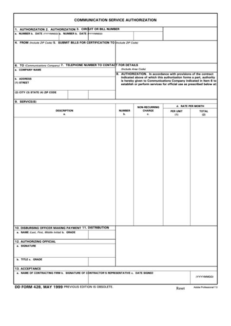 Fillable Dd Form 428 Communication Service Authorization Printable