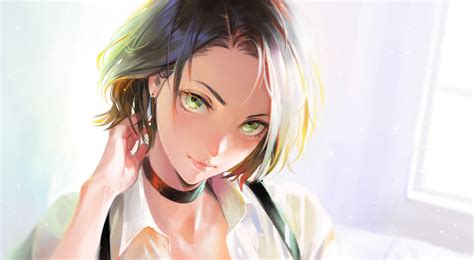 Download 3033x1666 Attractive Anime Girl Short Hair Green Eyes Semi