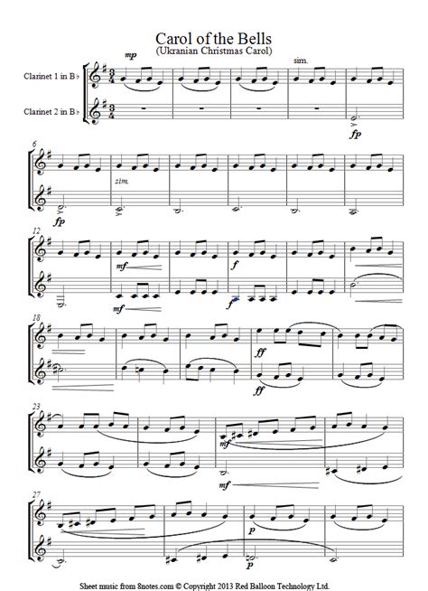 Carol of the bells (dark piano version). Carol of the Bells sheet music for Clarinet Duet - 8notes.com