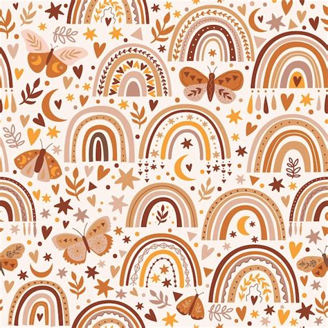 Premium Vector Seamless Pattern With Boho Rainbows Flowers And