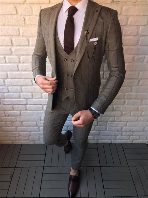 Camillus Brown Slim Fit Chalk Stripe Suit Bespoke Daily Fashion