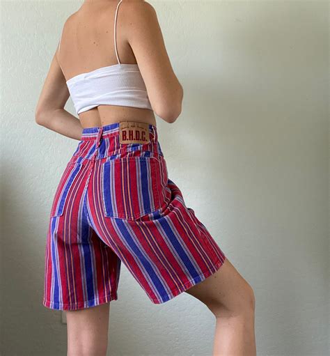 Waist Vintage High Waisted Striped Shorts Etsy