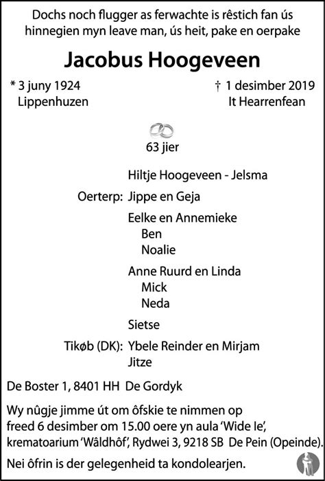 Jacobus Hoogeveen 01 12 2019 Overlijdensbericht En Condoleances