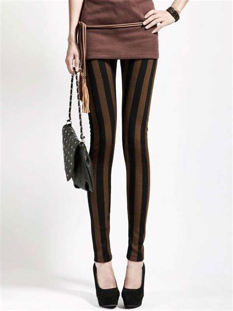 Black Brown Wide Stripe Polyester Womans Leggings Leggings Womens