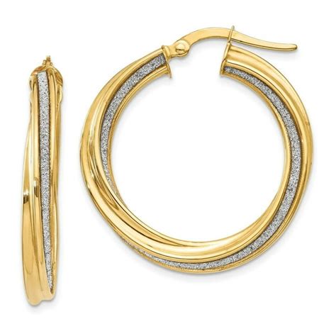 14k Solid Yellow Gold Polished Glitter Infused Twisted Large Round Hoop
