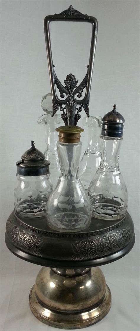 antique castor cruet set 5 etched glass bottles rogers co victorian silver vintage bottles