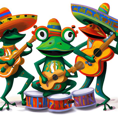 3 Mexican Frogs Playing Instruments Together Cartoon Painting