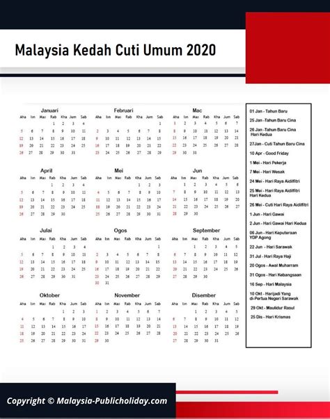 Jadual yang disediakan hanyalah sebagai panduan untuk anda membuat perancangan dan mengatur cuti. Kedah Cuti Umum Kalendar 2020
