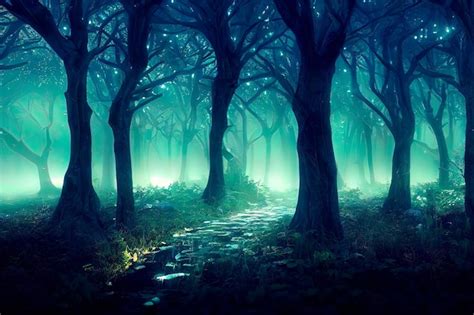 Premium Photo Magical Forest Path With Glowing Fireflies Night