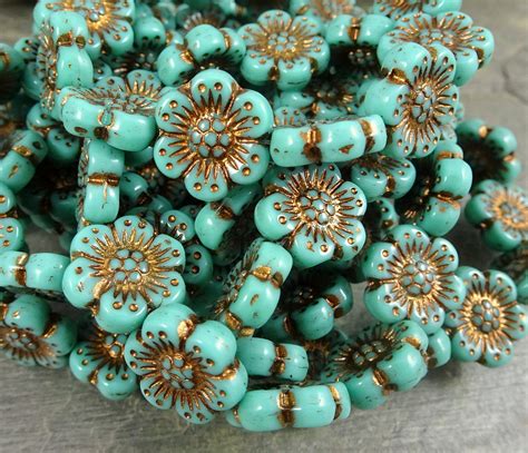 Mm Flower Beads Czech Glass Beads Turquoise Anemone Flower Etsy