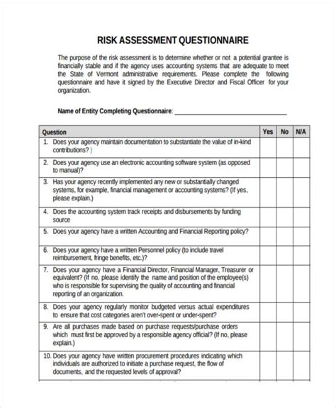 Risk Assessment Questionnaire 9 Examples Format Pdf E