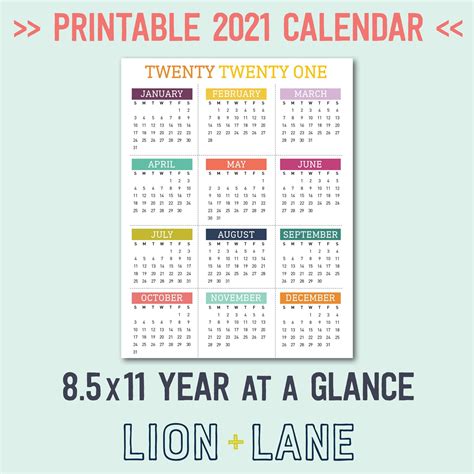 Download printable yearly calendar 2021. 2021 Printable Calendar Year at a Glance 8.5x11 Letter ...