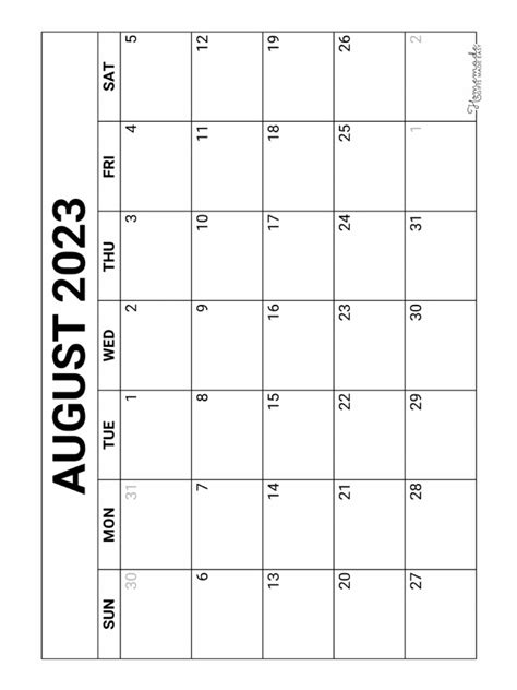 August Calendar 2023 Printable Blank Pdf