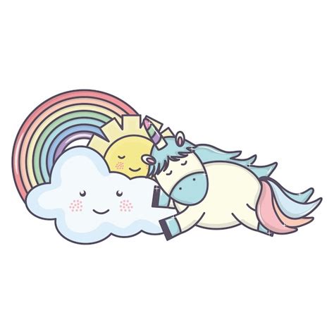 Free Vector Cute Unicorn In Rainbow With Clouds And Sun Kawaii Characters