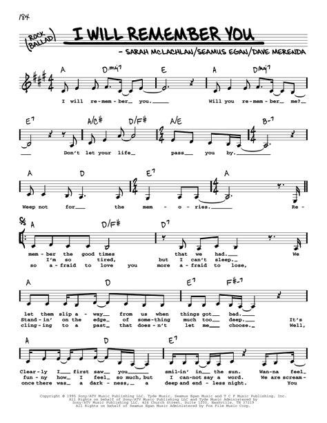 I Will Remember You Sheet Music Sarah Mclachlan Real Book Melody Lyrics And Chords