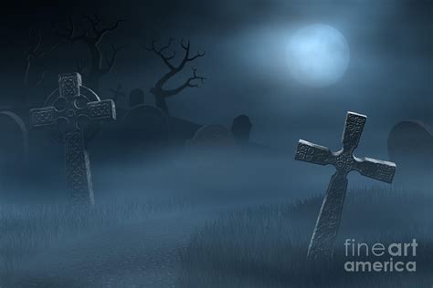 tombstones on a spooky misty graveyard full moon at night photograph by sara winter