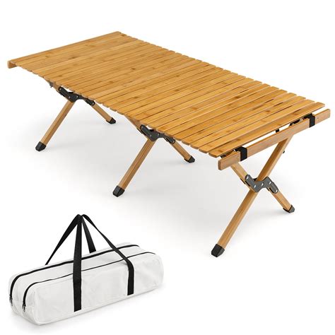 Gymax Portable Folding Bamboo Camping Table W Carry Bag Outdoor And Indoor Natural
