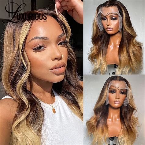 Honey Blonde Ombre Highlight Colored Lace Front Human Hair Wigs Wavy