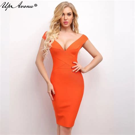 2019 Summer Women Fashion Sexy Orange Bandage Dress Bodycon Sleeveless V Neck Tank Dress Club