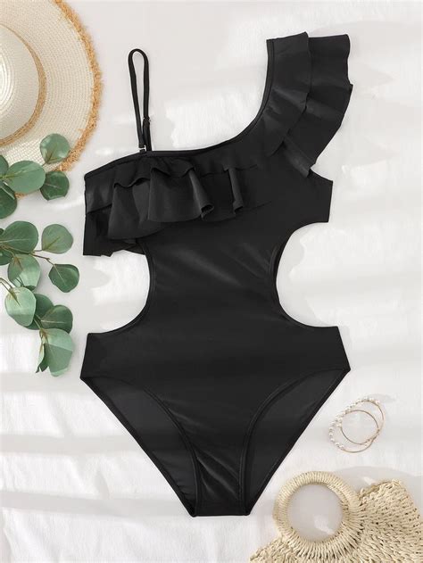 2022 Black Swimsuit Solid One Piece Swimwear Female One Shoulder