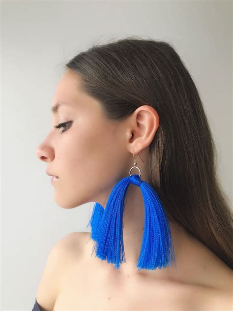 Textile Earrings Blue Tassel Earrings Gold Star Earrings Bohemian