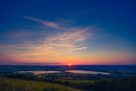 Free Photo Sunset Under Blue Sky Fields Lake Landscape Free