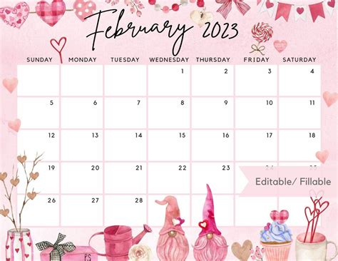 Printable February 2023 Calendar Cute Valentine Loving Gnome Etsy Sweden