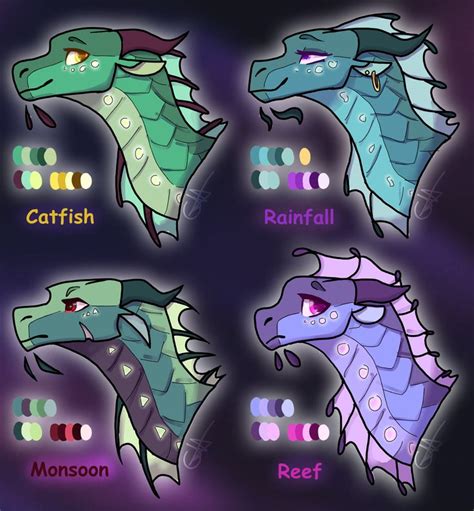 Four Different Types Of Dragon Heads On A Purple And Blue Background