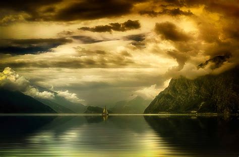 Photography Landscape Nature Lake Mountains Clouds Sunset