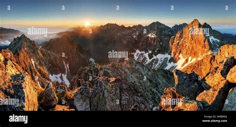 Mountain Sunset Panorama Landscape In Tatras Rysy Slovakia Stock
