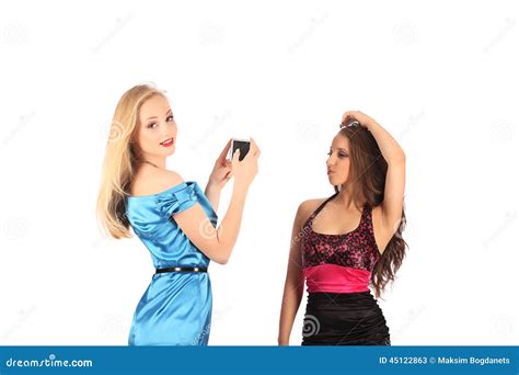 Portrait Of Two Beautiful Girls Making Selfies Stock Image Image Of Friends Friendship 45122863