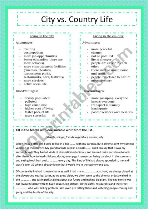 City Vs Country Life Esl Worksheet By Loralay