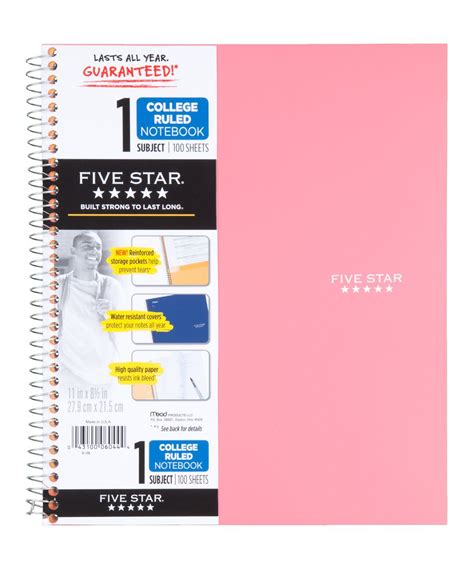 Pink Five Star Trend Spiral Bound One Subject Notebook Middle School