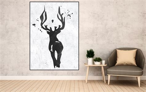 Abstract Deer Painting On Canvas Black And White Handmade Etsy