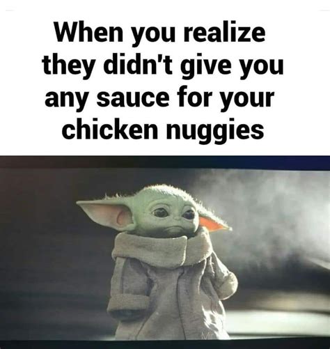 Chicky nuggies or chicken nuggies is slang or babytalk for chicken nuggets, a food popular with children. Funny Baby Yoda Memes Chicky Nuggies - Images | Slike