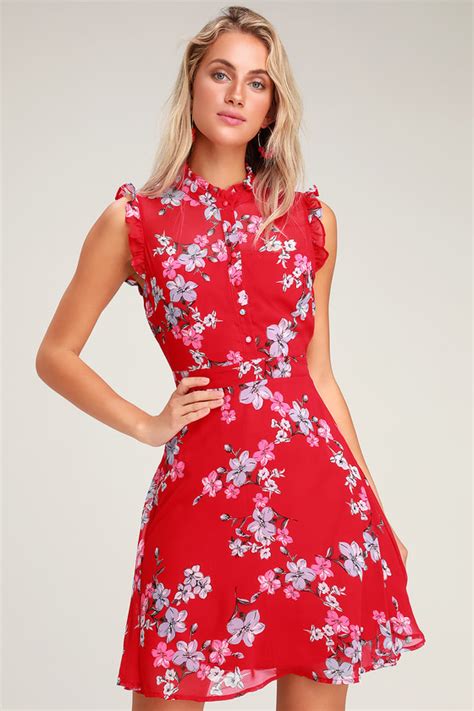 Cute Red Floral Print Dress Red Floral Print Dress Red Skater Lulus