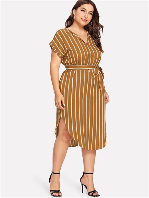 Plus Curved Hem Tie Waist Striped Dress Striped Dress Plus Size